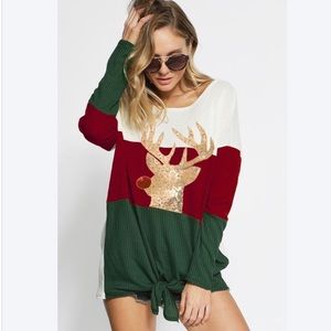 🌲NWT Color Block Thermal Sequin Reindeer Top